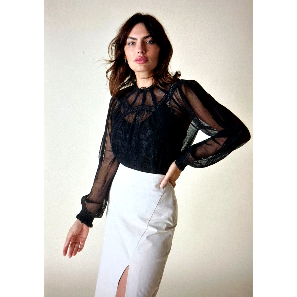 St Roche Lace Embroidered Ruffle Neck Flores Top Black 6 - Picture 12 of 12